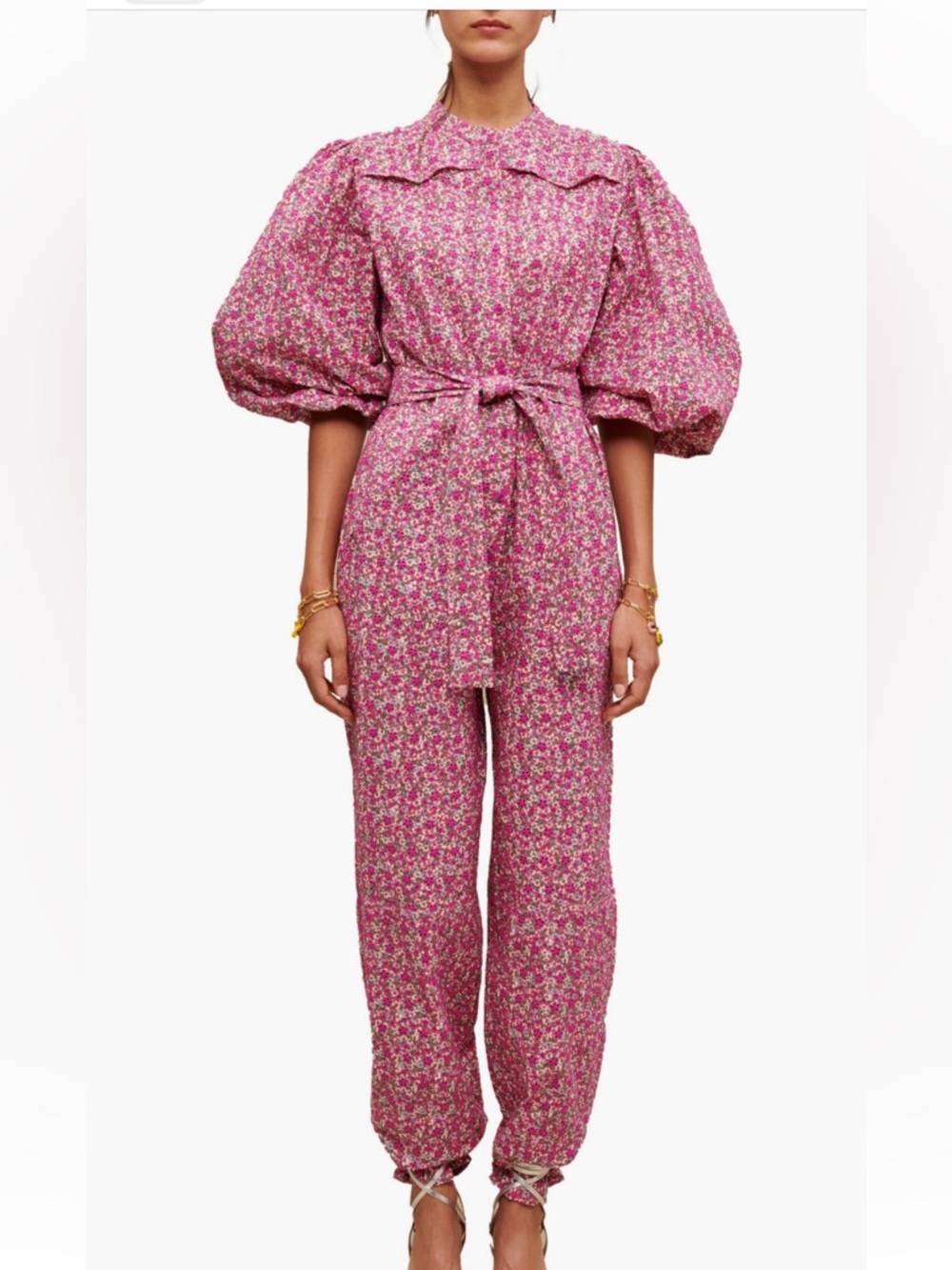 NWT Maje PYAD Pink Floral Eyelet Puff-Sleeve Tie-Waist Jumpsuit Sz US 6 / EU 40